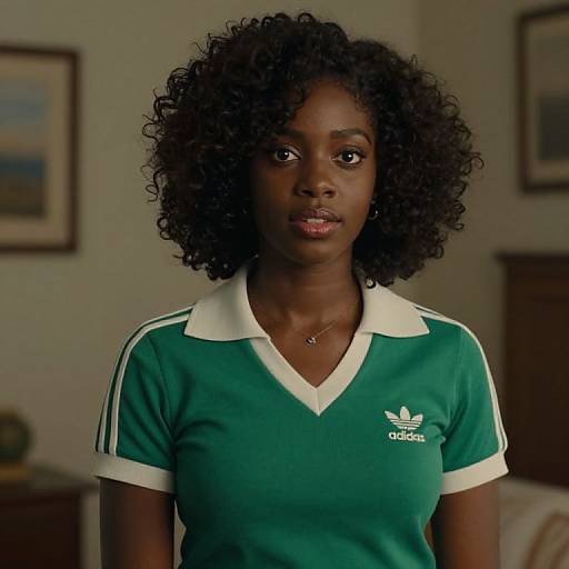 Photograph of a serious-looking Black woman with curly hair, wearing a green Adidas V-neck shirt with white trim, standing in a dimly lit room
