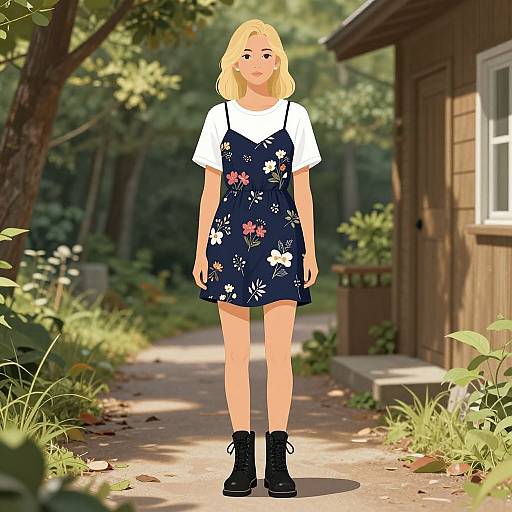 Realistic Blonde Woman on Woodland Path