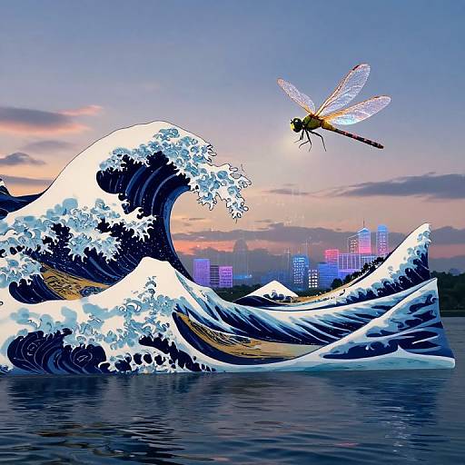 Digital artwork: Vibrant dragonfly flies above stylized, snow-capped ocean waves with modern city skyline in the background at sunset.