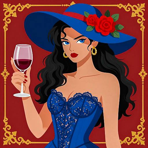 Elegant Woman with Blue Eyes and Wine