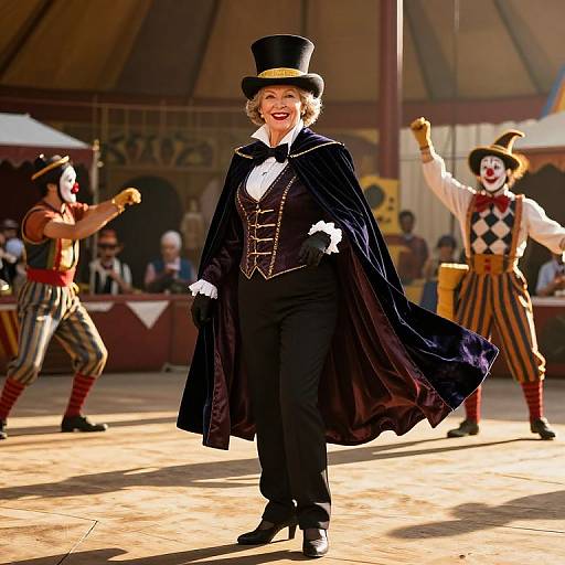 Photograph of a smiling woman in Victorian-style black outfit, top hat, and cape, center stage with two circus performers in striped pants and white face
