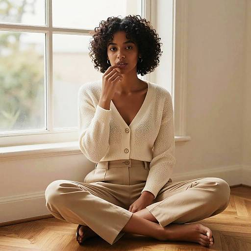 Photograph of a dark-skinned woman with curly hair, wearing a white knitted cardigan and beige pants, sitting cross-legged on wooden floor by
