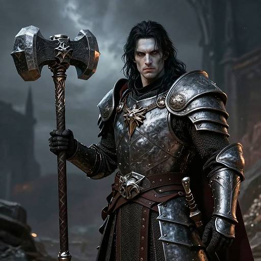 Digital artwork of a stern, long-haired warrior in silver armor holding a massive, star-embellished hammer, standing in a dark, stormy