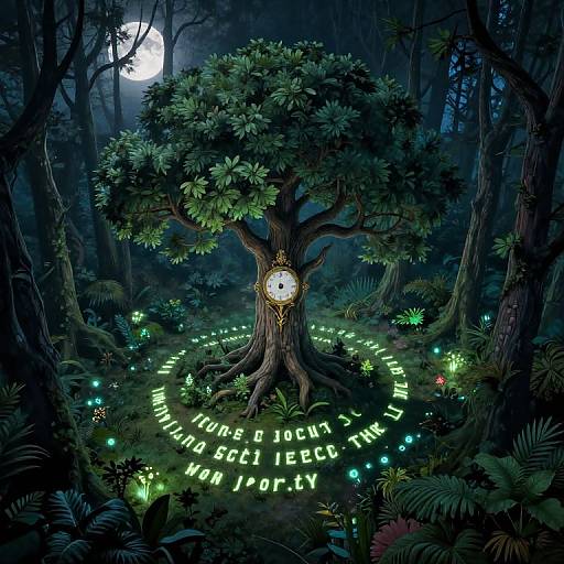 Digital fantasy artwork of a glowing clock tree in a dark, enchanted forest with luminescent green text and bioluminescent plants.