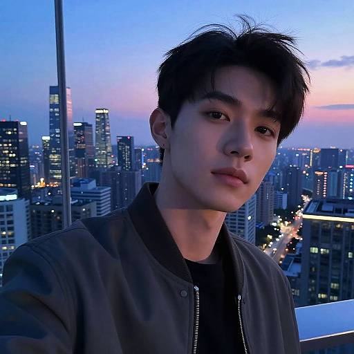Photograph of an Asian man with short black hair, wearing a dark jacket, against a twilight city skyline with illuminated skyscrapers.