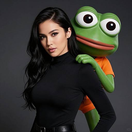 Photograph of Kim Kardashian with long black hair, black turtleneck, and belt, standing beside a green cartoon frog with large eyes, orange shirt