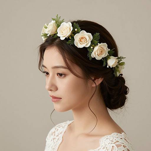 Photograph of an Asian woman with fair skin, dark hair in a bun, wearing a white lace dress and a white flower crown, gazing softly