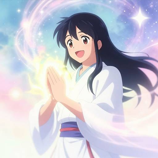 Anime-style digital drawing of a black-haired girl in a white karate gi, smiling with hands raised, surrounded by glowing light and stars.