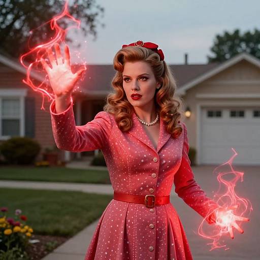 Photograph of a vintage-style woman with blonde curls, red lipstick, and pink polka-dot dress, conjuring red flames with her hands in a