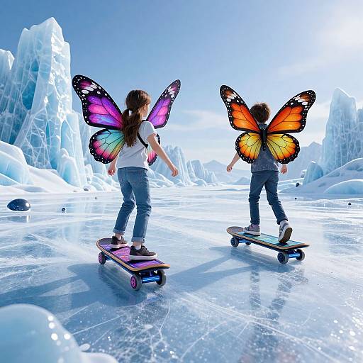 Photograph of two girls with colorful butterfly wings skating on a frozen, icy landscape, surrounded by towering ice formations under a bright blue sky.