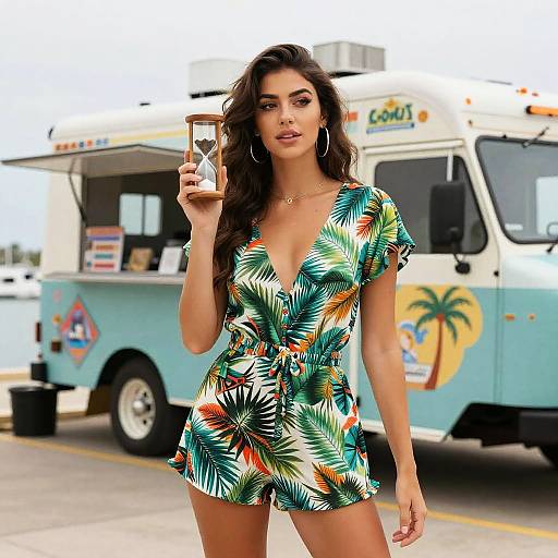 Photograph of a confident woman with long, wavy brown hair, wearing a vibrant, tropical-patterned romper, holding a drink, standing in