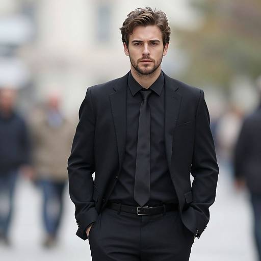 Photograph of a handsome, bearded man with short brown hair, wearing a black suit, black shirt, and black tie, standing confidently in a