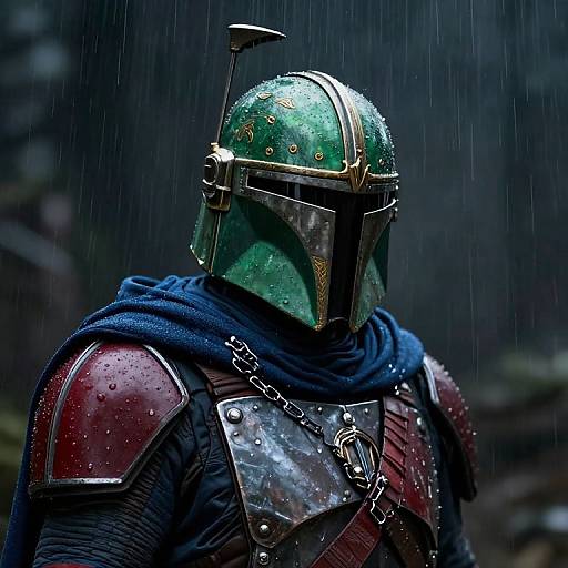 Photograph of a Mandalorian warrior in green armor with raindrops, blue cloak, and red shoulder plates, standing in a rainy forest.