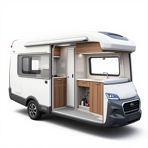Photorealistic CGI of a modern, white camper van with open interior, featuring wooden accents, compact kitchenette, fridge, and storage compartment.