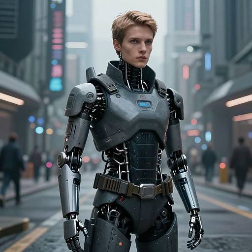 Photorealistic CGI of a young, short-haired woman in a sleek, metallic cyber suit, standing in a futuristic, neon-lit city street.