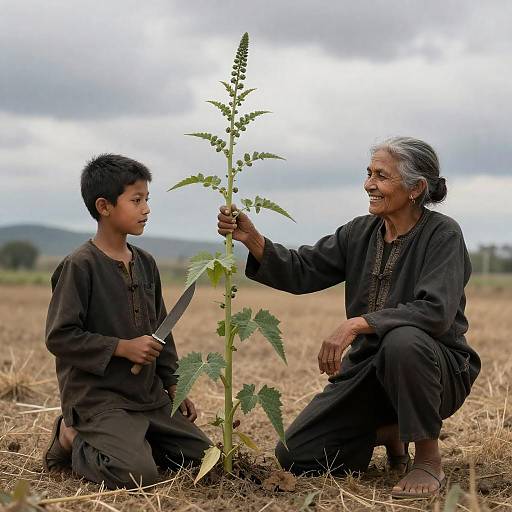 Elderly Woman and Boy in Dry Field