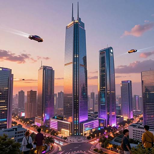 Digital artwork of a futuristic cityscape at sunset, featuring tall skyscrapers with neon lights, flying drones, and busy streets.