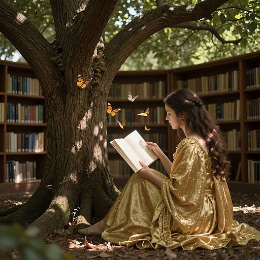 Photograph of a woman with long dark hair in a golden dress, reading under a tree with butterflies, surrounded by a library. Sunlight filters through