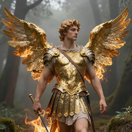 Angel of Justice with Golden Wings in Misty Forest