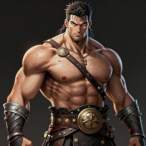 Muscular, shirtless man with dark hair, tribal necklace, and arm bracers, wearing a leather belt with golden medallions, in a