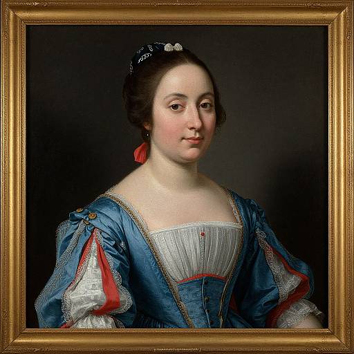 18th-century oil portrait of a fair-skinned woman with dark hair, red ribbon, blue and white gown, framed in gold.