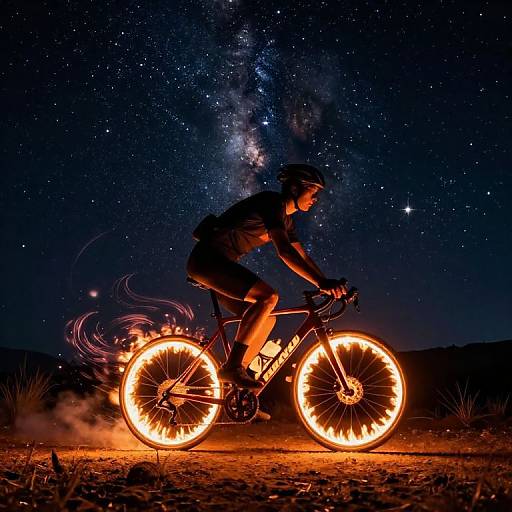 Photograph of a cyclist with glowing orange bike wheels, silhouetted against a starry night sky with the Milky Way.