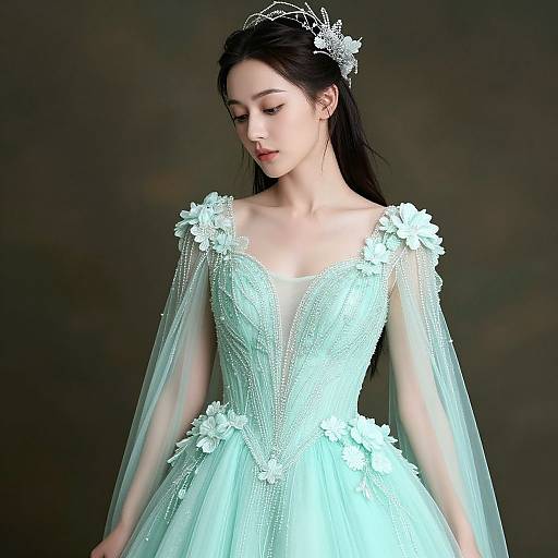Photograph of a beautiful Asian woman in a light blue, lace-embellished, sheer-sleeved wedding gown, wearing a silver tiara