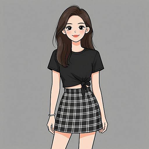 Digital anime-style drawing of a smiling young woman with straight brown hair, wearing a black tied-knot shirt and black plaid skirt, against a plain