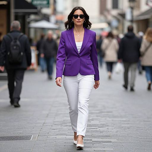Photograph of a confident woman in a vibrant purple blazer, white pants, and white heels, walking down a bustling city street.