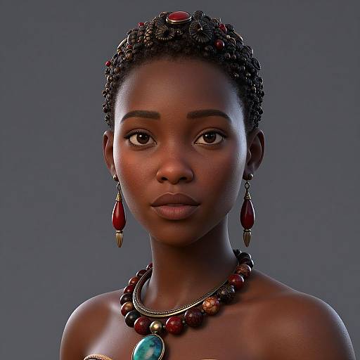 Photorealistic CGI portrait of a dark-skinned woman with short curly hair, wearing red earrings, beaded necklace, and a turquoise pendant, against