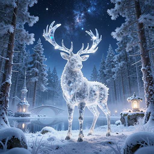 Celestial Crystalline Stag in Frozen Forest