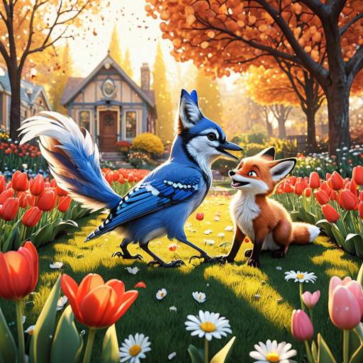 Pixar-Inspired Blue Jay and Fox Cub in Autumn Garden