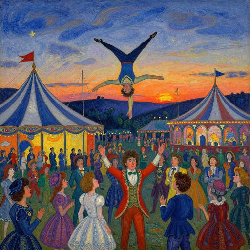 Vibrant circus painting at sunset with acrobat mid-leap, colorful audience in Victorian attire, two striped tents, vivid sky.