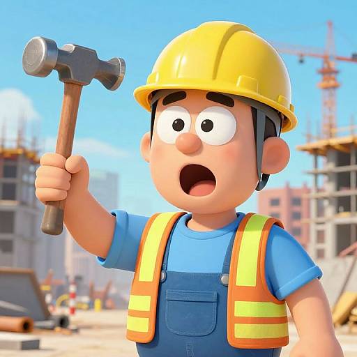 3D cartoon of a surprised young boy in a yellow helmet, blue shirt, and orange safety vest, holding a hammer in a construction site with scaff