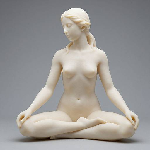 Photograph of a white, marble-like statue of a nude, serene woman in a lotus position, with closed eyes and calm expression, against a