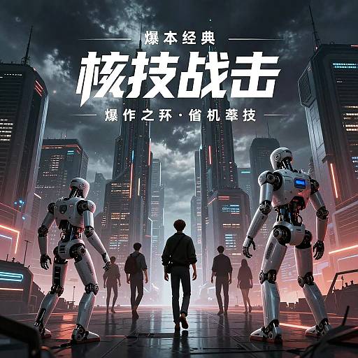 Cyberpunk cityscape at night, two humanoid robots flanking a group of people, neon lights, and towering skyscrapers. Japanese text overlays