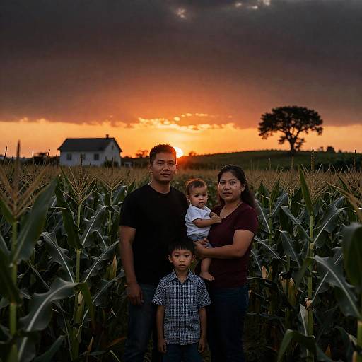 Family Portrait in a Cornfield at Sunset