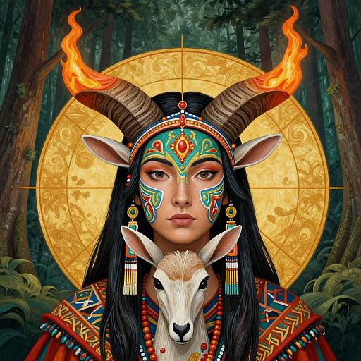 Digital art of a woman with deer-like face, horns with flames, intricate jewelry, and tribal attire, set against a golden sun in a forest background