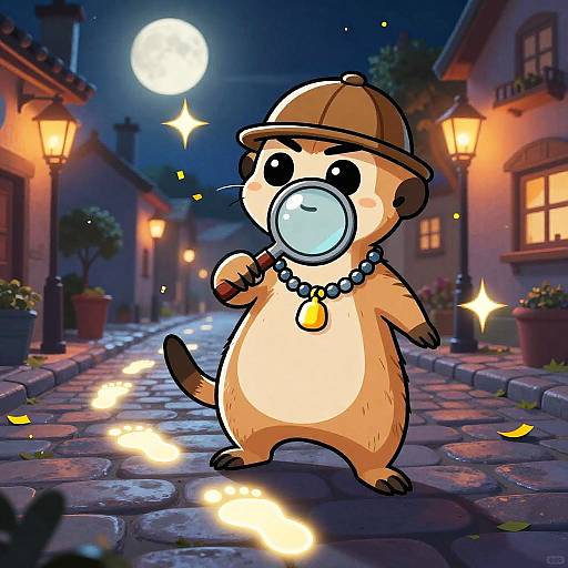 Cartoon otter detective in brown hat, blue balloon, beaded necklace, standing on cobblestone street, moonlit, glowing lanterns,