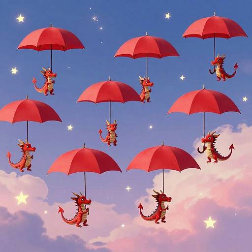 Photograph of eight red dragon characters holding red umbrellas, floating in a bright blue sky with white stars and pink clouds.