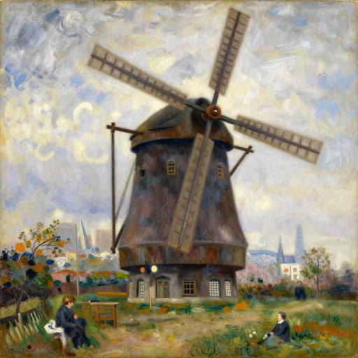 Impressionist painting of a rustic, dark wooden windmill with large blades, surrounded by a grassy field, trees, and distant buildings under a