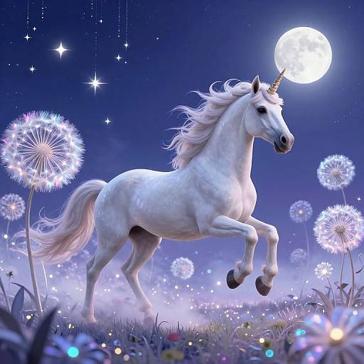 Digital artwork of a white unicorn with a glowing horn, prancing under a full moon in a starry night sky, surrounded by glowing dandelions