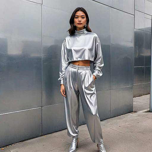 Woman in Silver Satin Crop Top and Tapered Pants