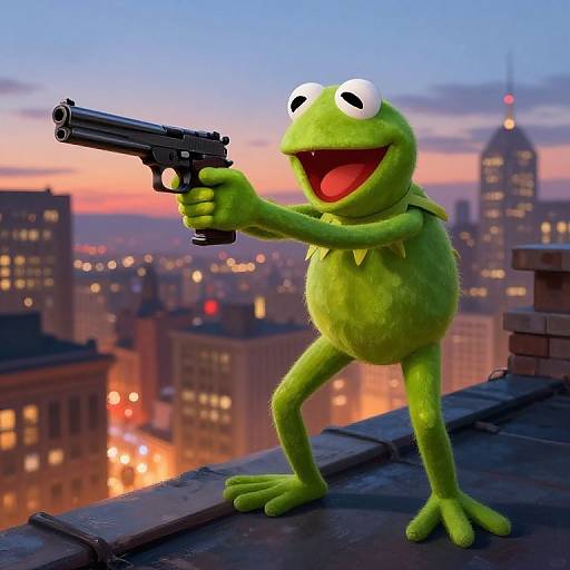Digital illustration of Kermit the Frog standing on a rooftop, holding a black handgun, with a cityscape sunset background.