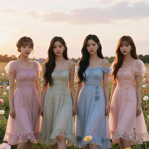 Photograph of four East Asian women standing in a field at sunset, wearing pastel-colored, off-shoulder, lace dresses, with long hair