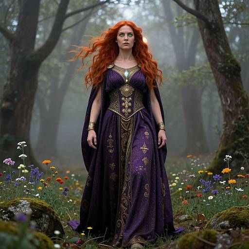 Photorealistic digital artwork of a red-haired woman with long, flowing hair, wearing a detailed purple gown with gold embroidery, standing in a misty
