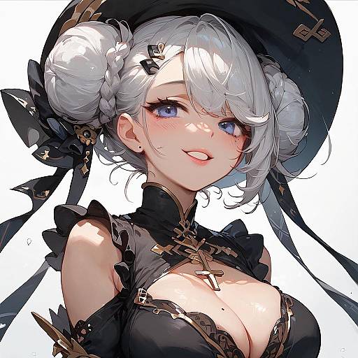 Digital anime-style portrait of a cute, fair-skinned girl with silver hair in double buns, wearing a black hat and revealing black dress with gold