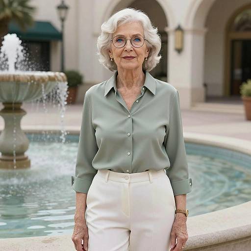 Photograph of an elderly woman with short white hair, wearing glasses, a light green blouse, and white pants, standing in front of a fountain in