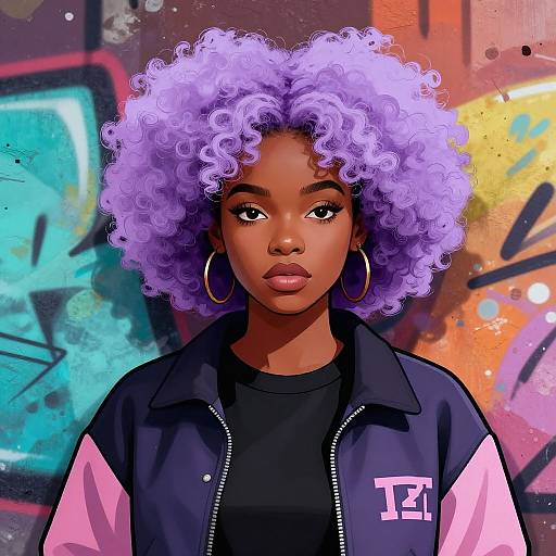 Digital illustration of a confident Black woman with vibrant purple curly hair, wearing a black and pink jacket with gold hoop earrings, set against a colorful graffiti background
