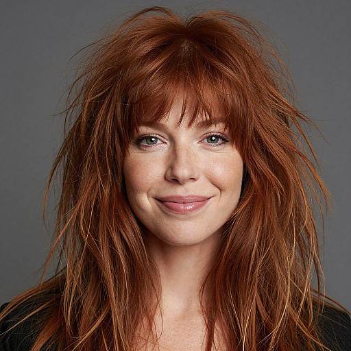 Photograph of a smiling woman with fair skin, blue eyes, and long, messy red hair against a gray background. Wearing a black top.